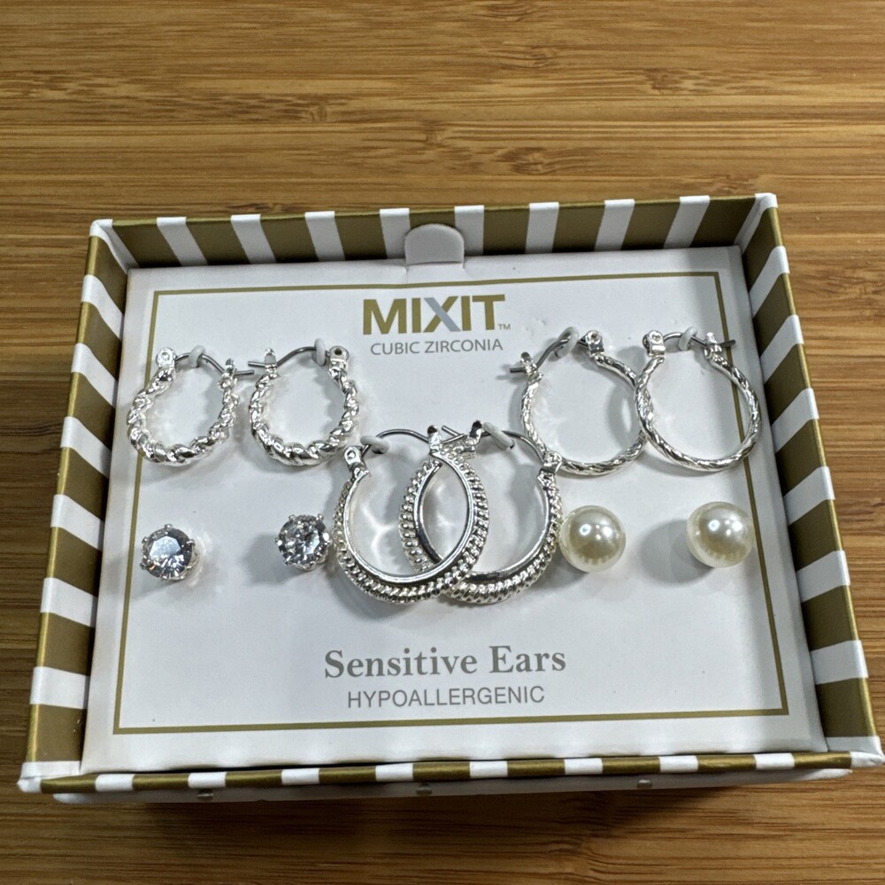 Mixit Hypoallergenic Earring Set Sensitive Ears Silver Hoops CZ & Pearl Gift